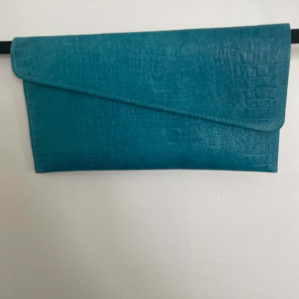 Elegant Crocodile Leather Teal Clutch made in Nicaragua